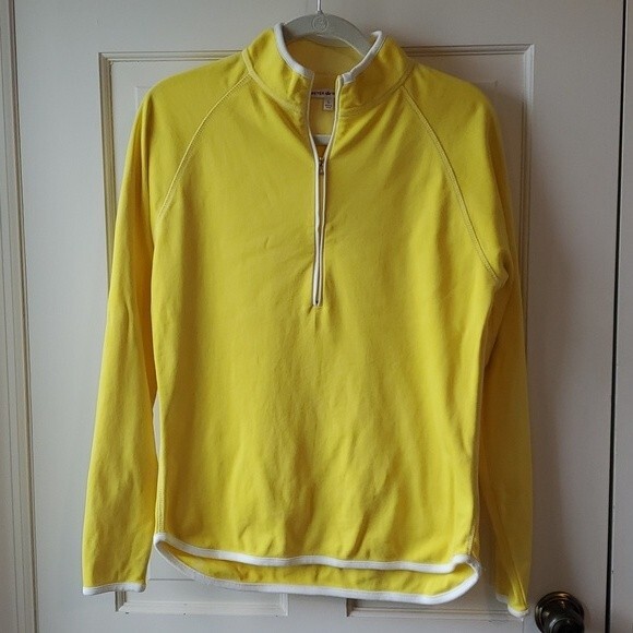 PETER MILLAR YELLOW WHITE QUARTER ZIP 100% COTTON TOP SIZE LARGE GOLF PREPPY - Picture 7 of 8